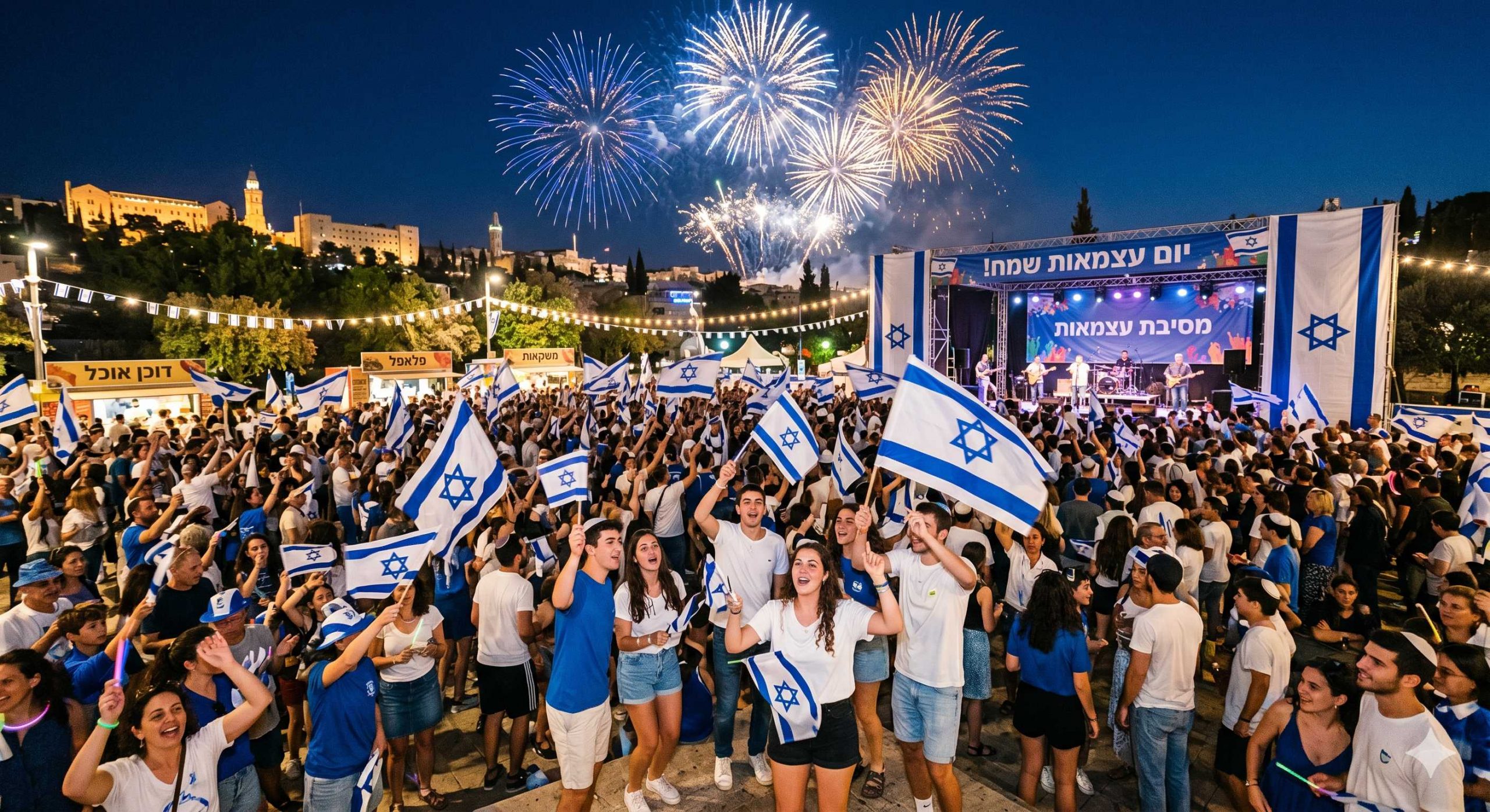 מסיבת עצמאות עם דגלי ישראל, זיקוקים ואביזרים ליום העצמאות
